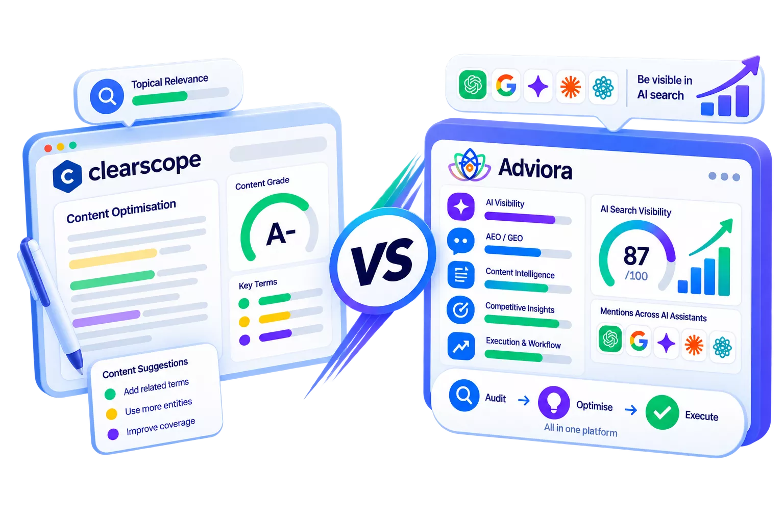 Clearscope and Adviora set side by side, its strengths against Adviora's AI visibility, AEO/GEO and execution coverage