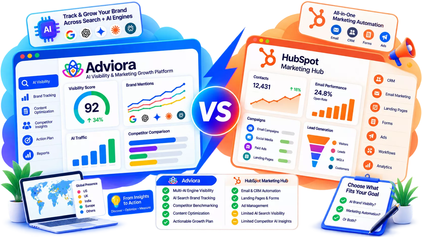 HubSpot Marketing Hub and Adviora set side by side, its strengths against Adviora's AI visibility, AEO/GEO and execution coverage