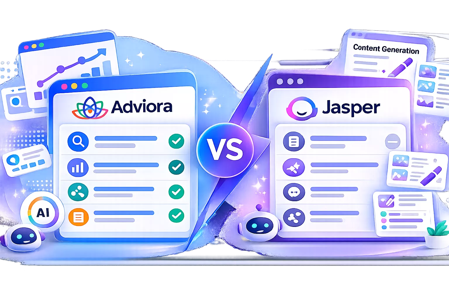 Jasper and Adviora set side by side, its strengths against Adviora's AI visibility, AEO/GEO and execution coverage