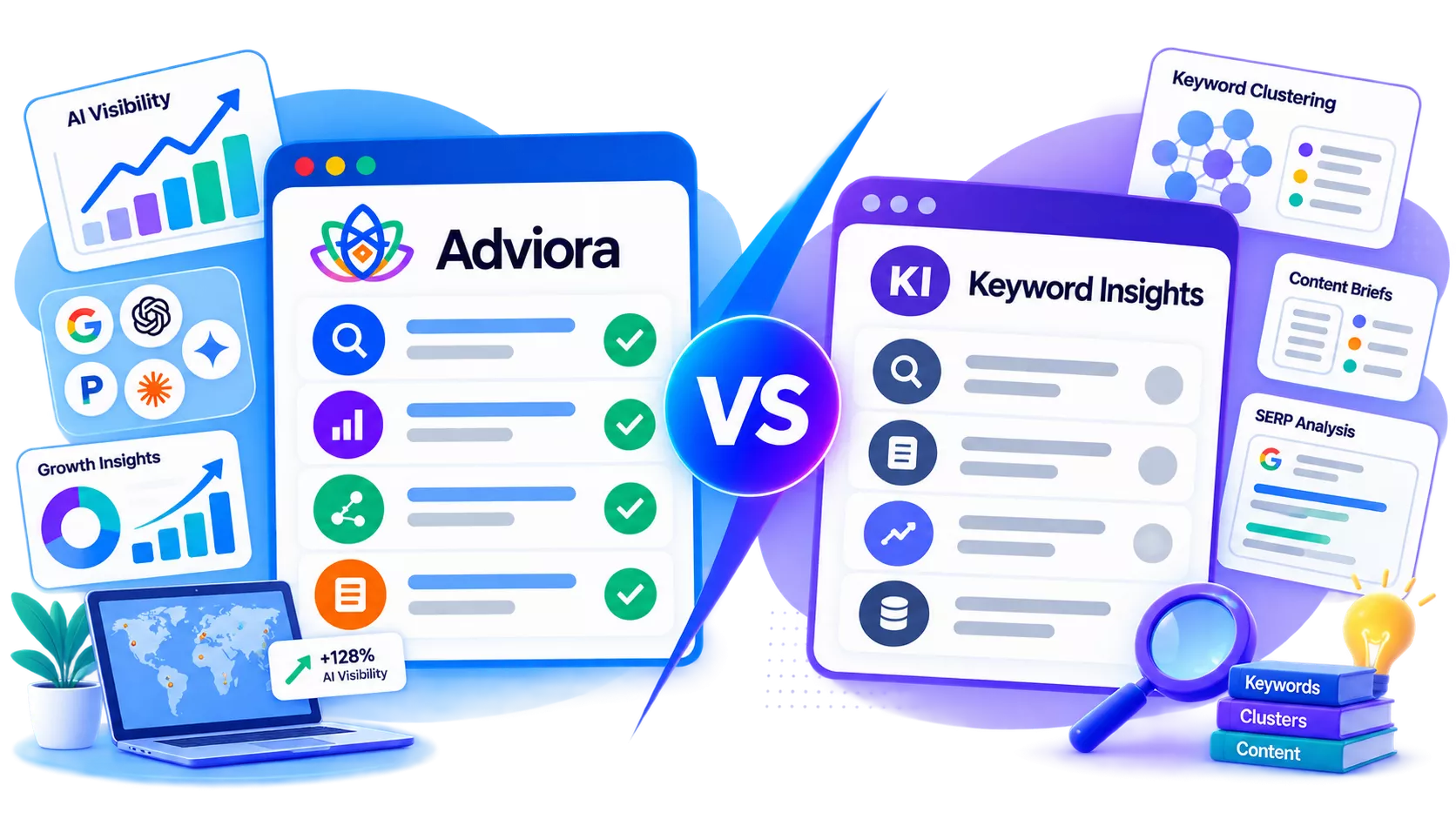 Keyword Insights and Adviora set side by side, its strengths against Adviora's AI visibility, AEO/GEO and execution coverage