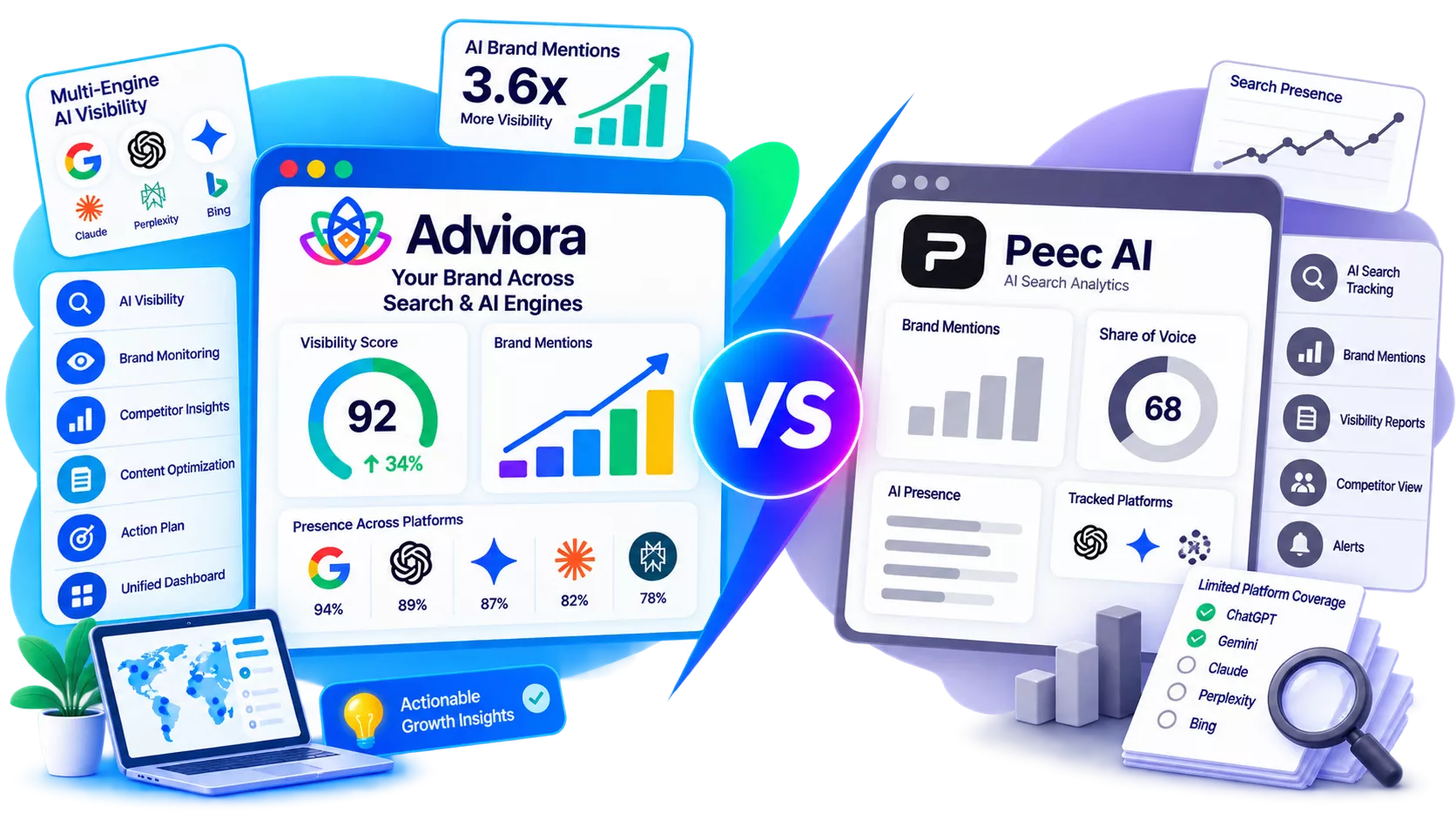 Peec AI and Adviora set side by side, its strengths against Adviora's AI visibility, AEO/GEO and execution coverage
