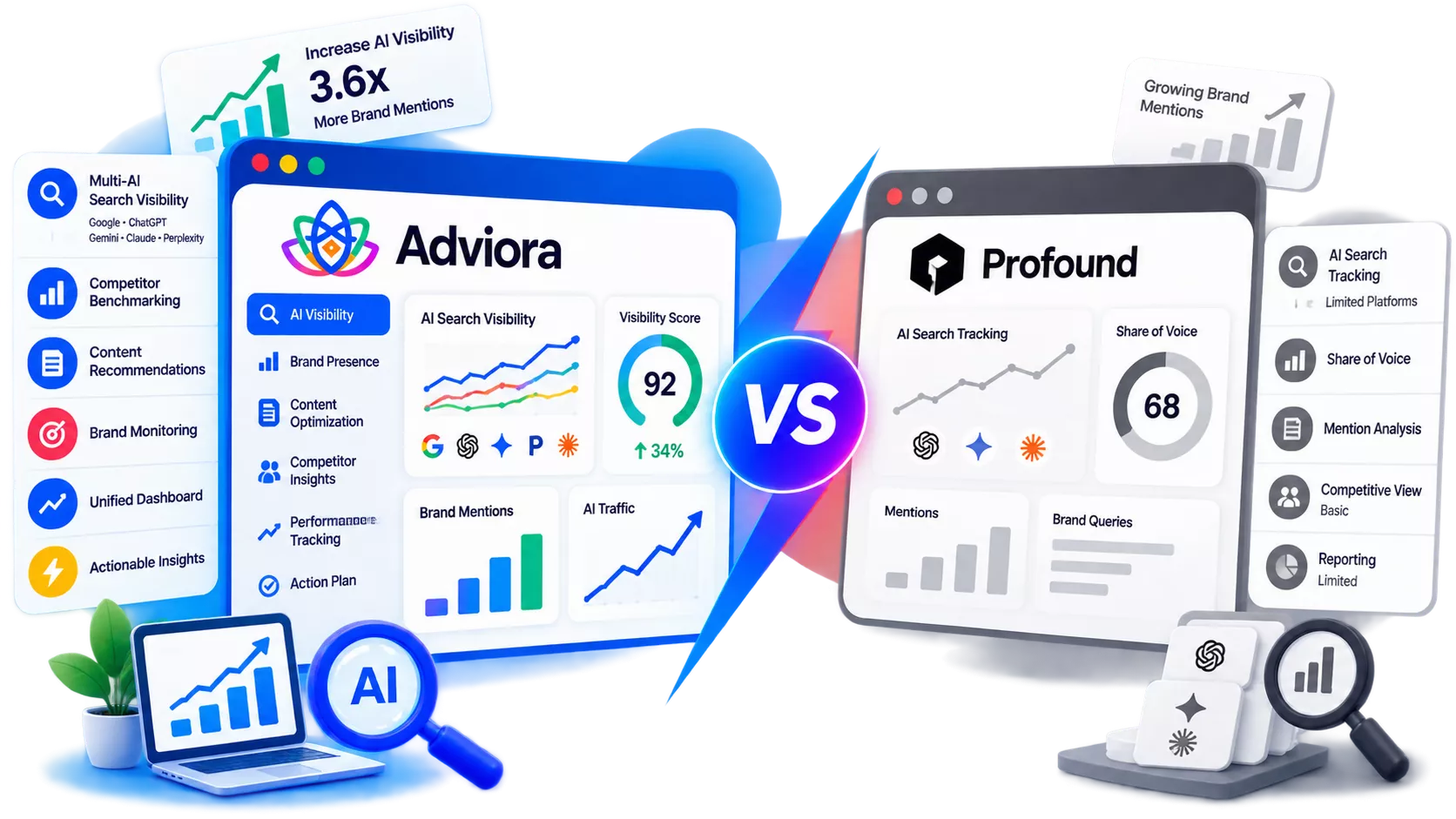 Profound and Adviora set side by side, its strengths against Adviora's AI visibility, AEO/GEO and execution coverage