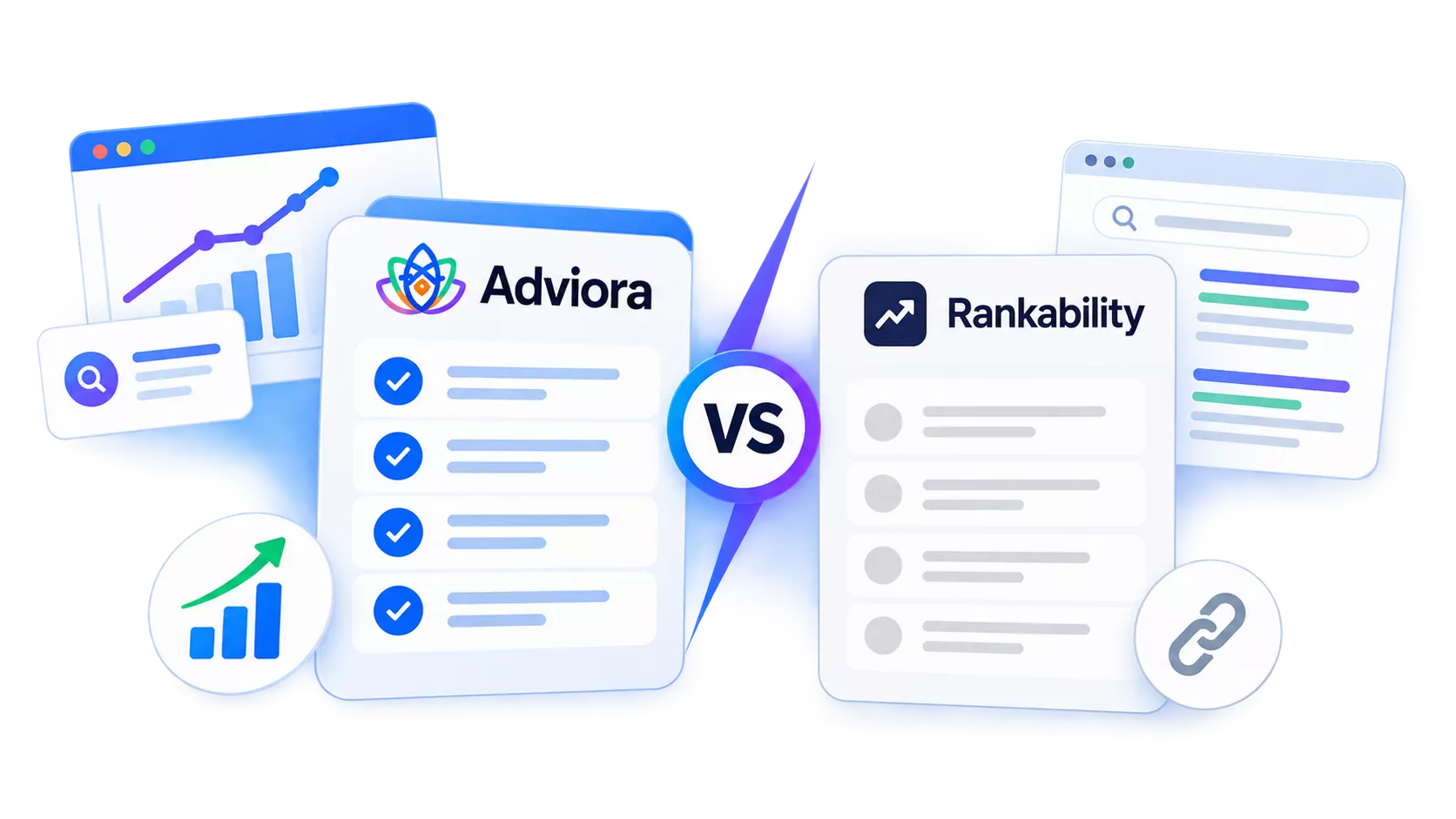 Rankability and Adviora set side by side, its strengths against Adviora's AI visibility, AEO/GEO and execution coverage