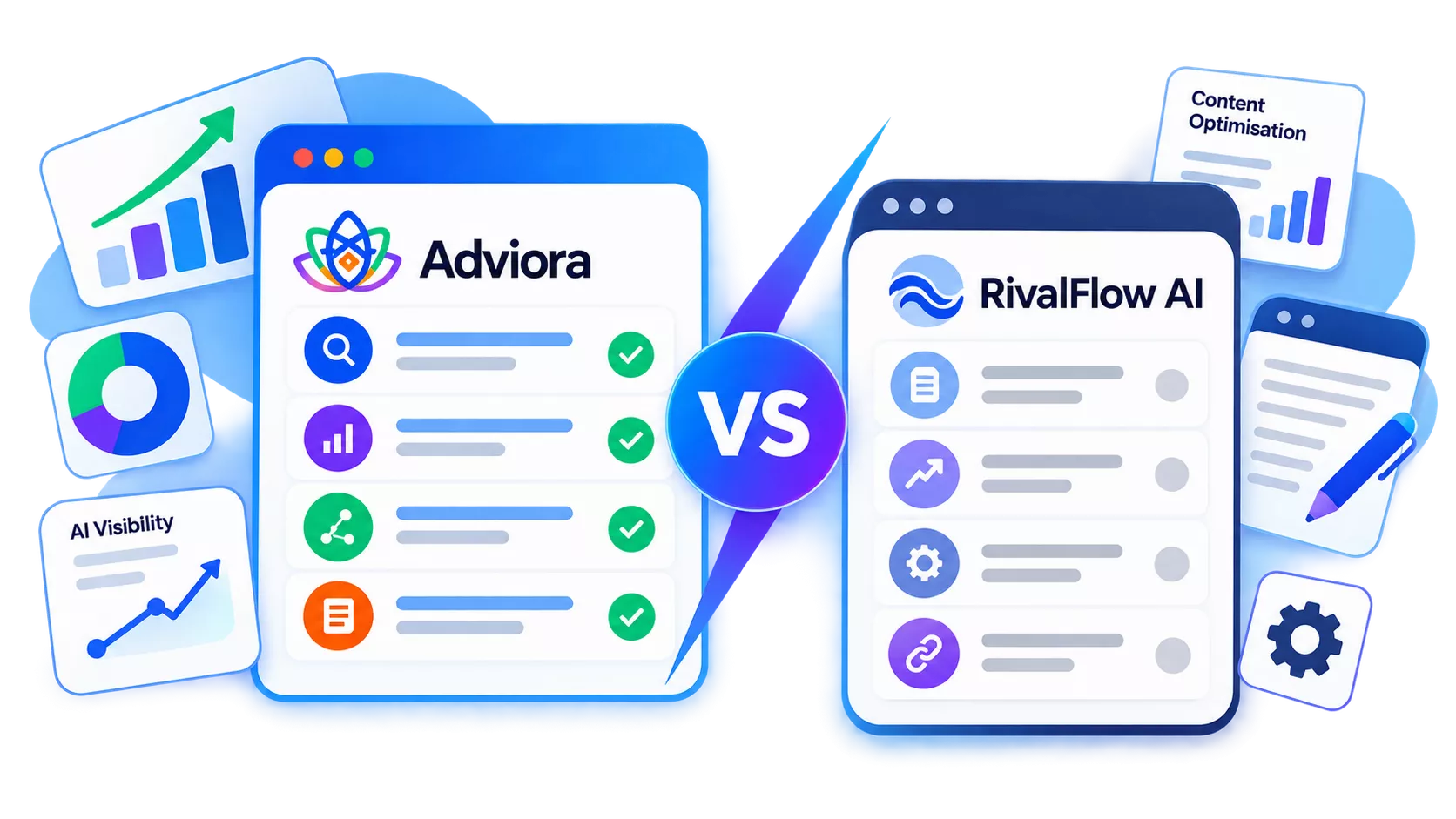 RivalFlow AI and Adviora set side by side, its strengths against Adviora's AI visibility, AEO/GEO and execution coverage
