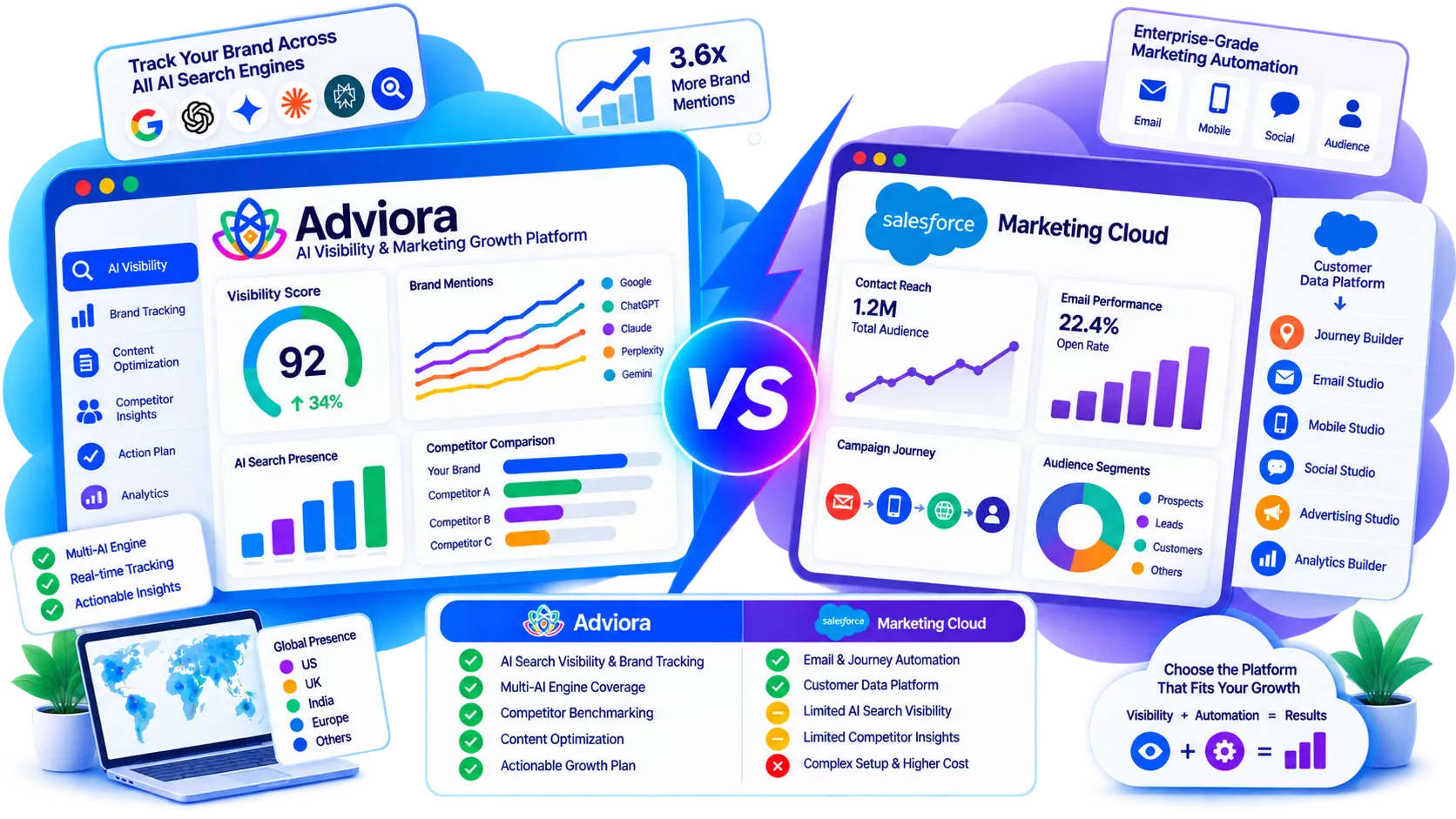 Salesforce Marketing Cloud and Adviora set side by side, its strengths against Adviora's AI visibility, AEO/GEO and execution coverage