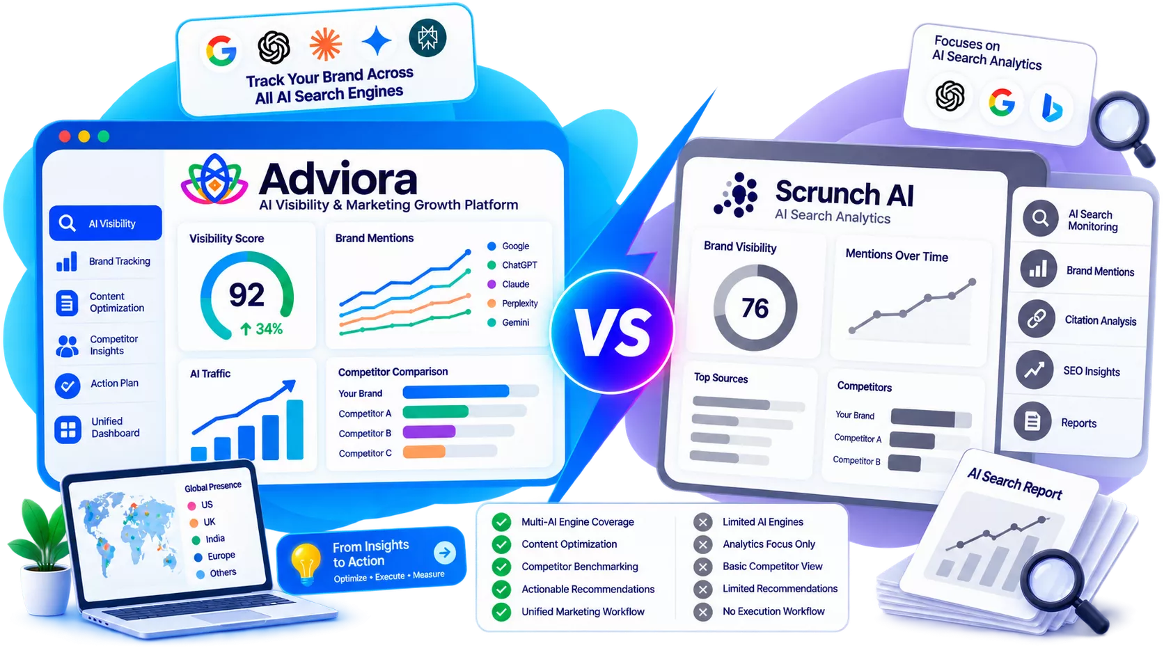Scrunch AI and Adviora set side by side, its strengths against Adviora's AI visibility, AEO/GEO and execution coverage