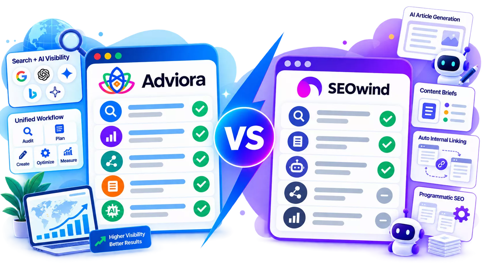 SEOwind and Adviora set side by side, its strengths against Adviora's AI visibility, AEO/GEO and execution coverage