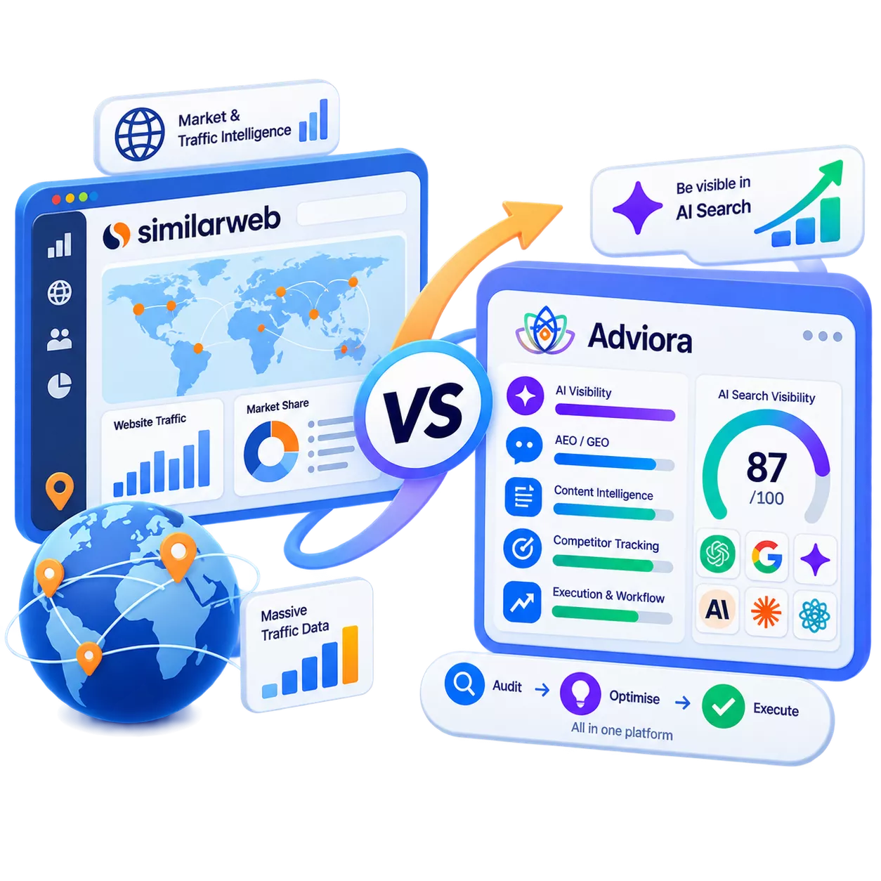 Similarweb and Adviora set side by side, its strengths against Adviora's AI visibility, AEO/GEO and execution coverage
