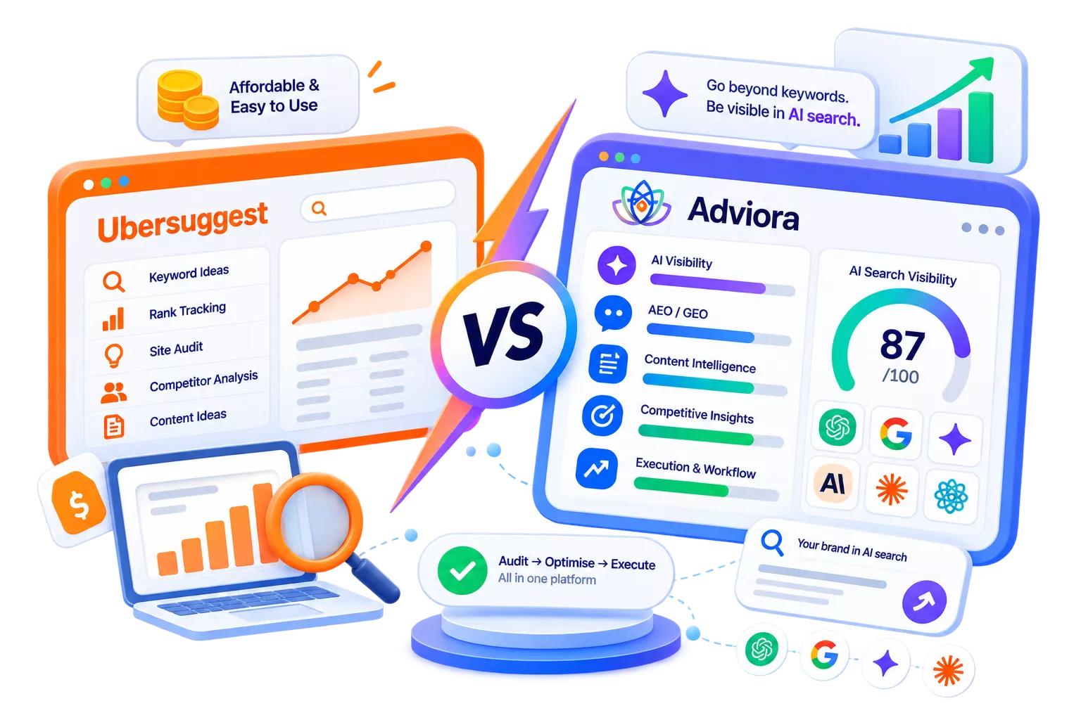 Ubersuggest and Adviora set side by side, its strengths against Adviora's AI visibility, AEO/GEO and execution coverage