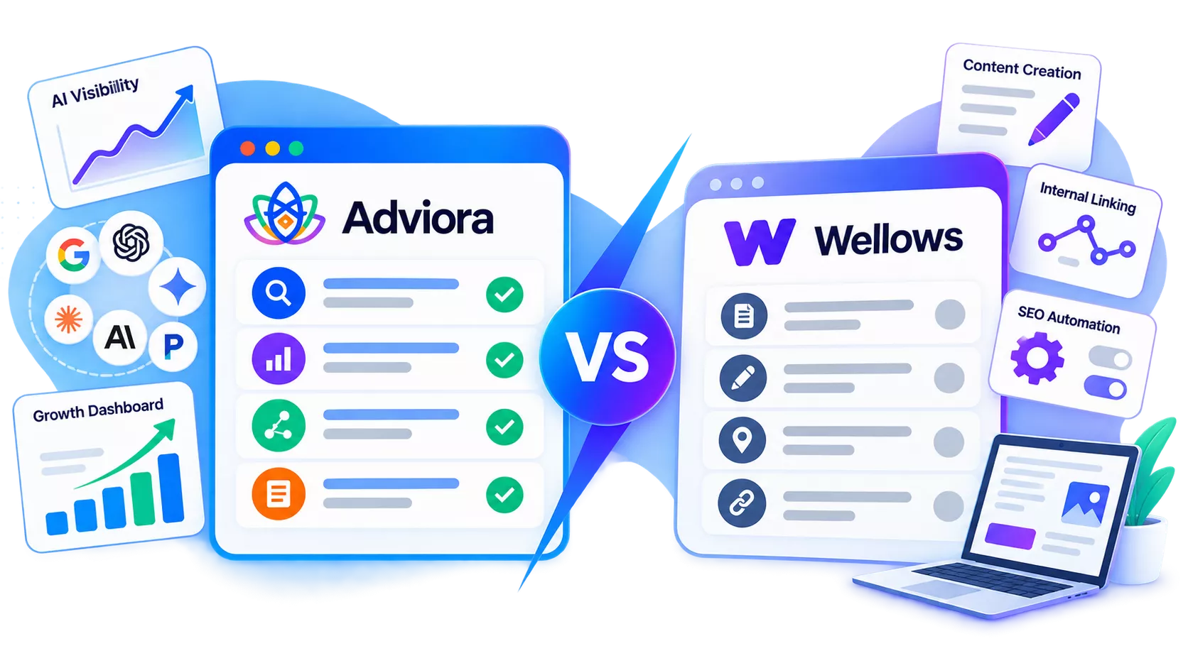 Wellows and Adviora set side by side, its strengths against Adviora's AI visibility, AEO/GEO and execution coverage