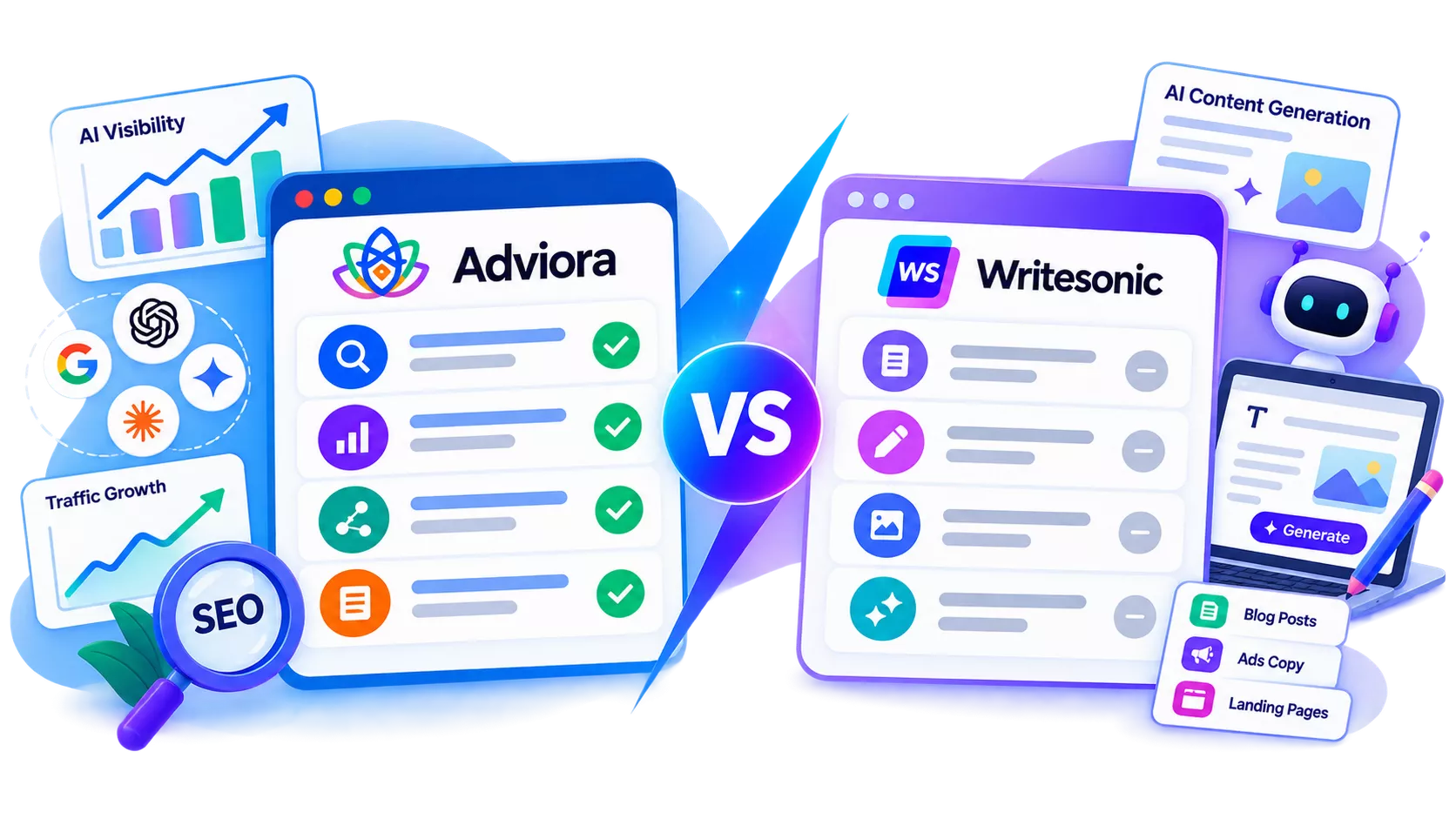 Writesonic and Adviora set side by side, its strengths against Adviora's AI visibility, AEO/GEO and execution coverage