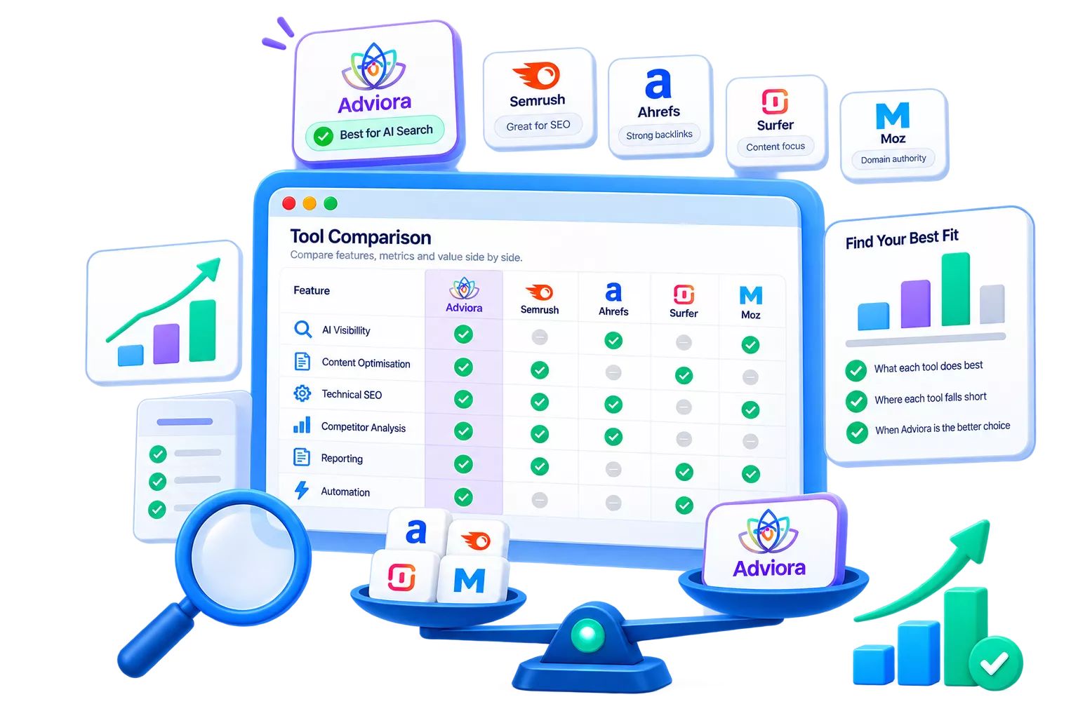 Capability matrix comparing Adviora features against other platforms