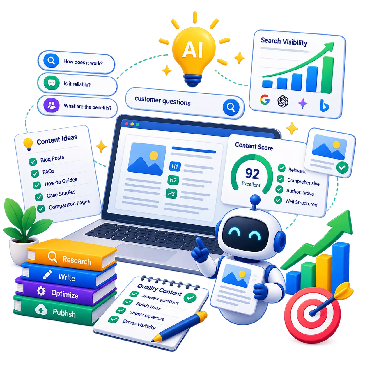Customer questions grouped by intent beside the content planned to answer them, scored for search engines and AI answers alike