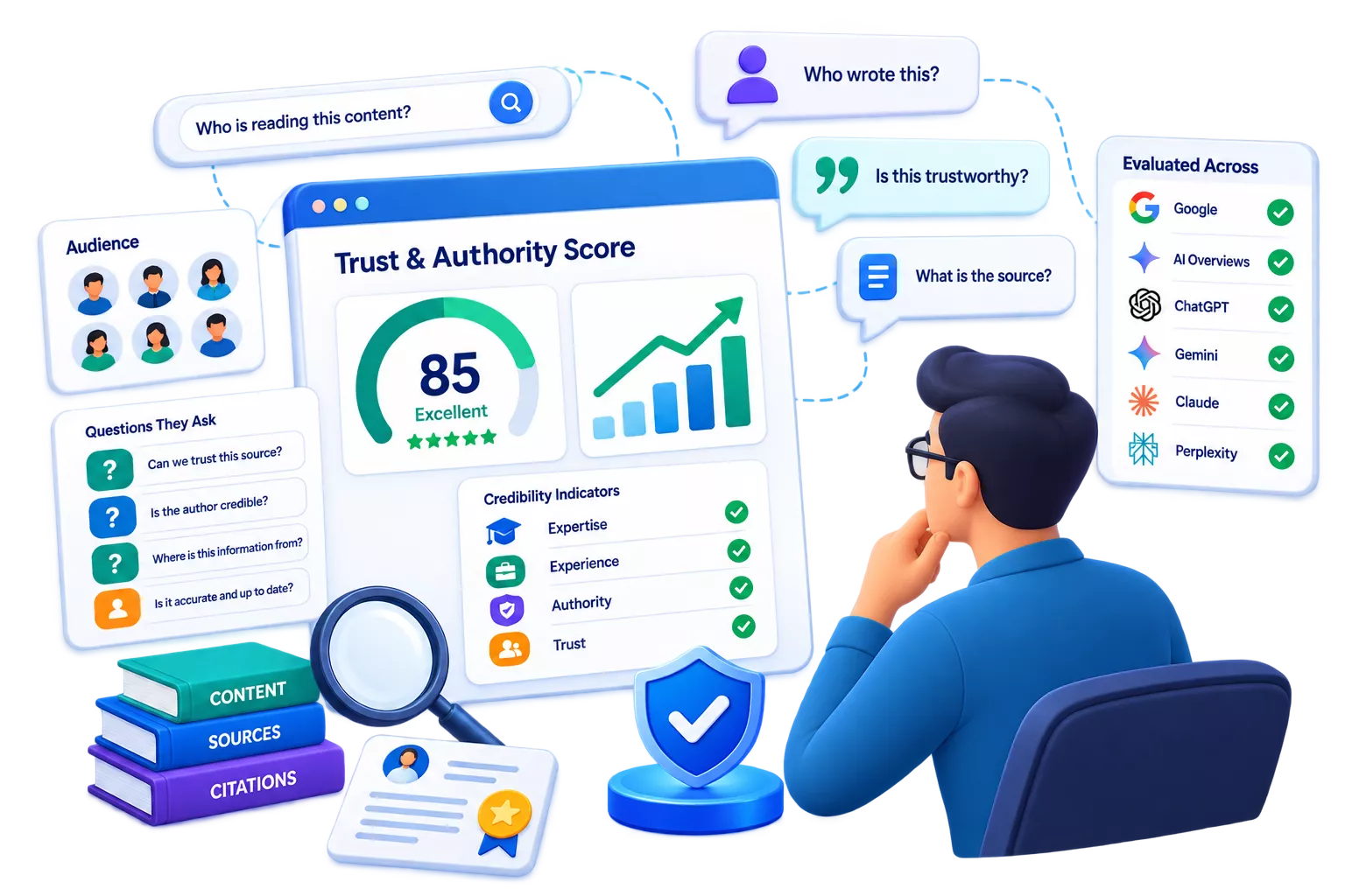 Several credibility indicators from across a website and its wider digital presence resolving into one Trust & Authority Score