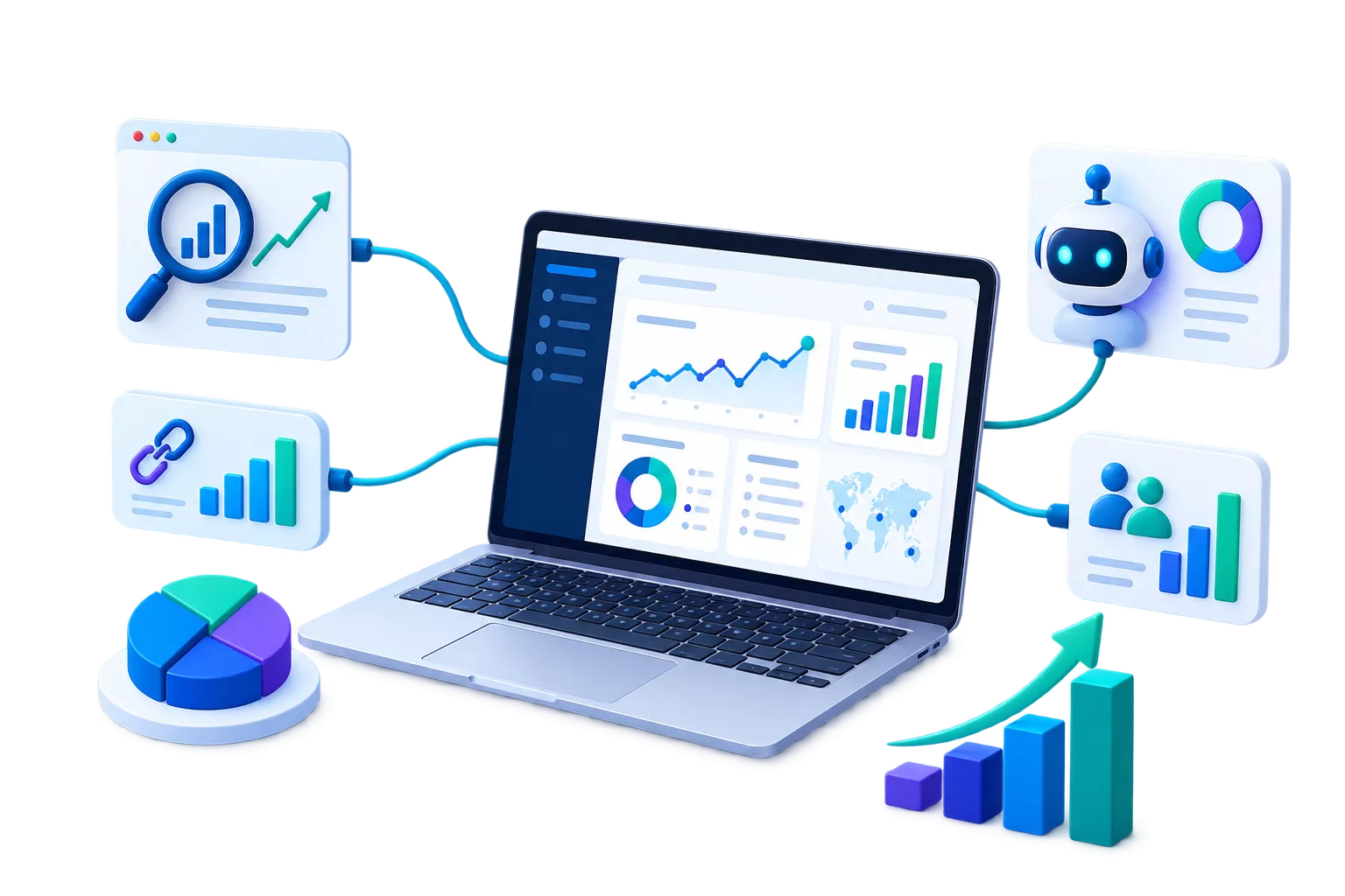 How Adviora works: search rankings, traffic, backlinks, AI search visibility, brand mentions, customer behaviour and competitor insight feeding one connected workspace