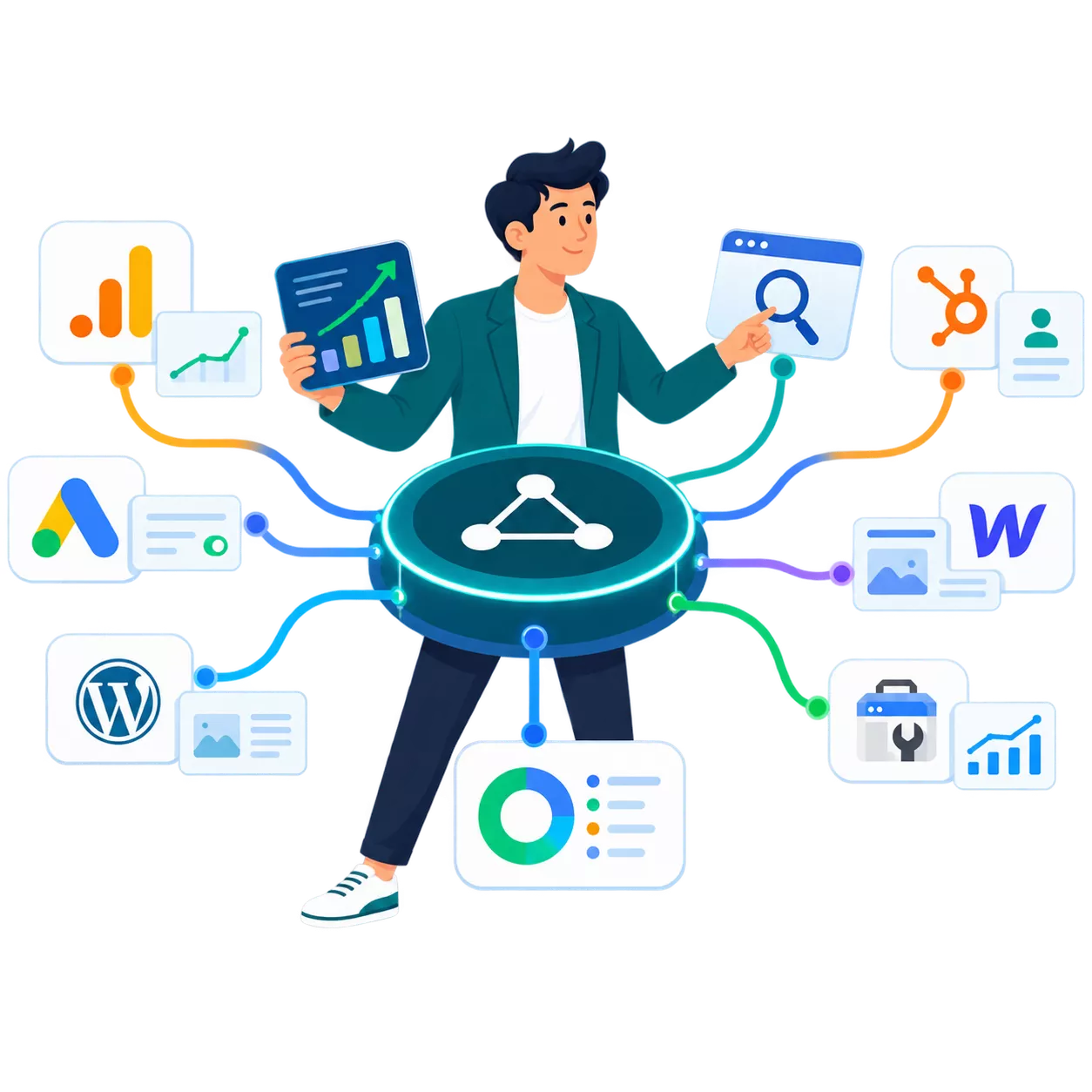 Google Analytics, Search Console, Tag Manager, Google Ads and social platforms connecting into one hub