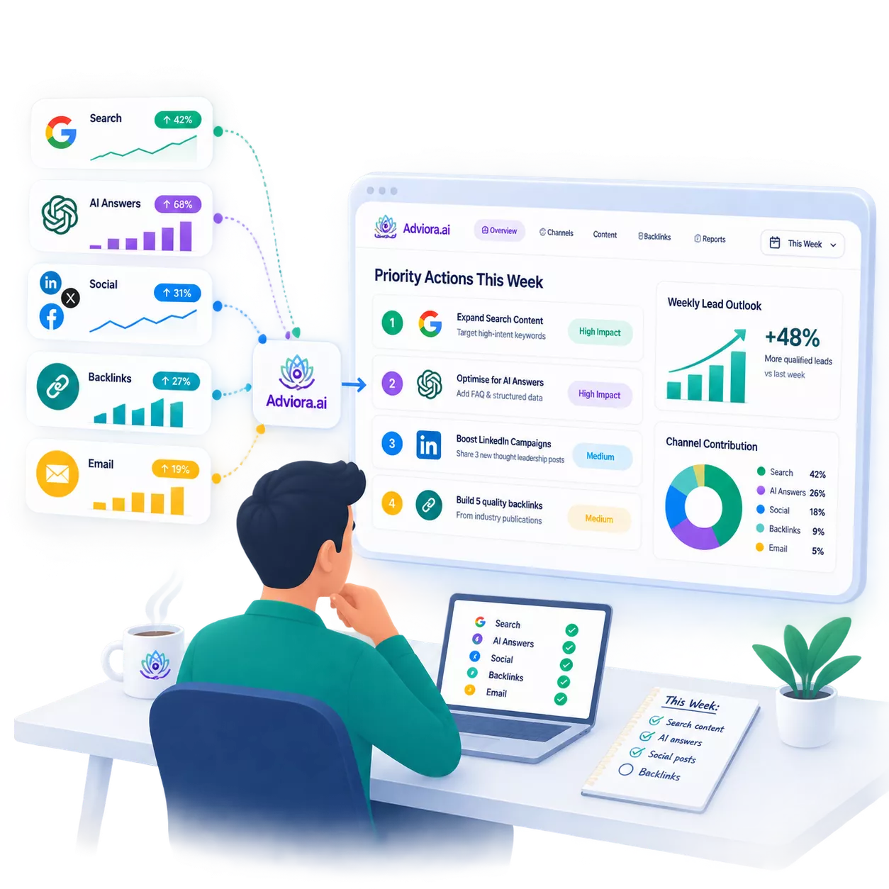 The marketing lead view: search, AI answers, social and backlinks on one screen with this week’s priorities