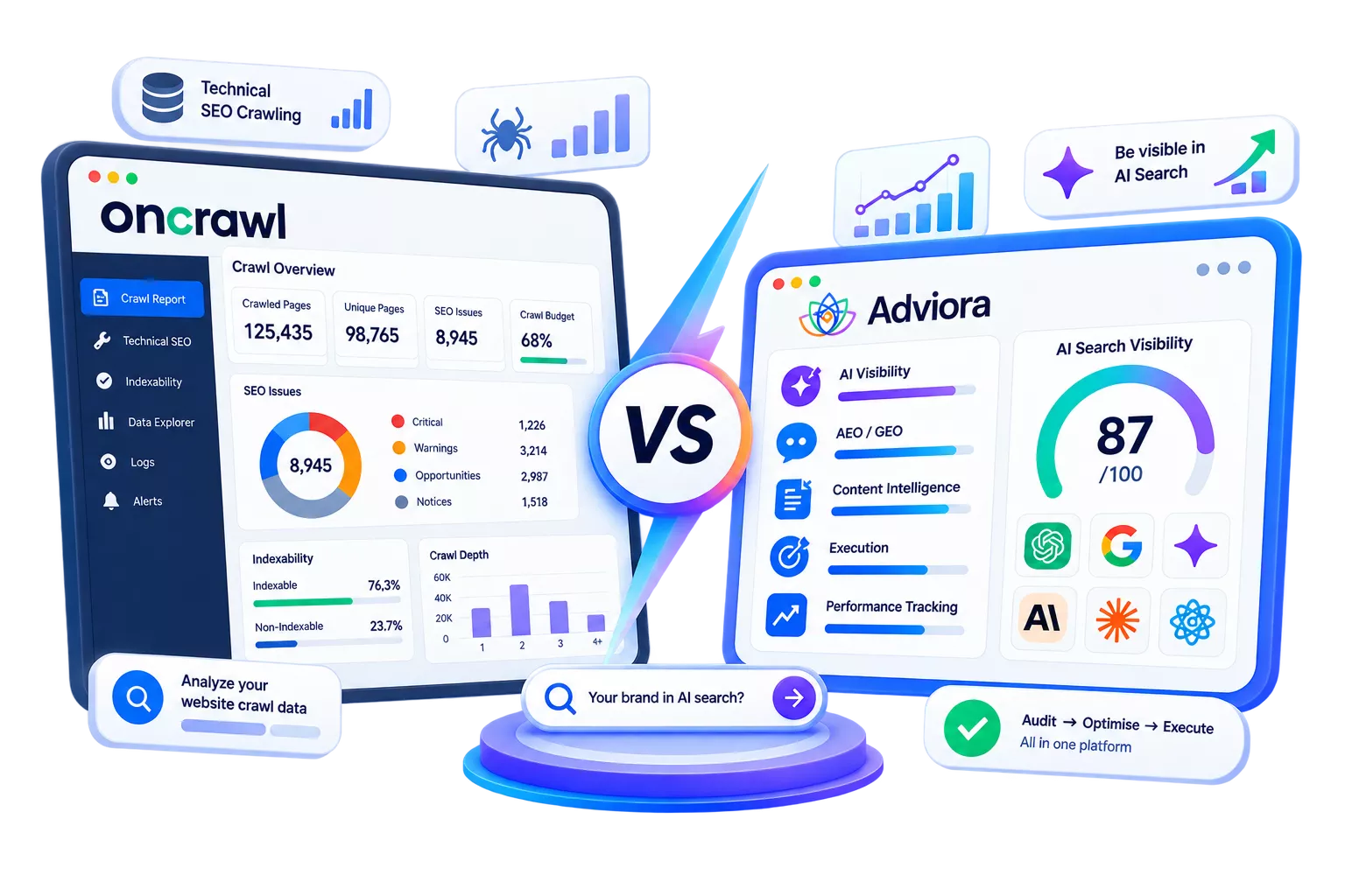 OnCrawl and Adviora set side by side, its strengths against Adviora's AI visibility, AEO/GEO and execution coverage