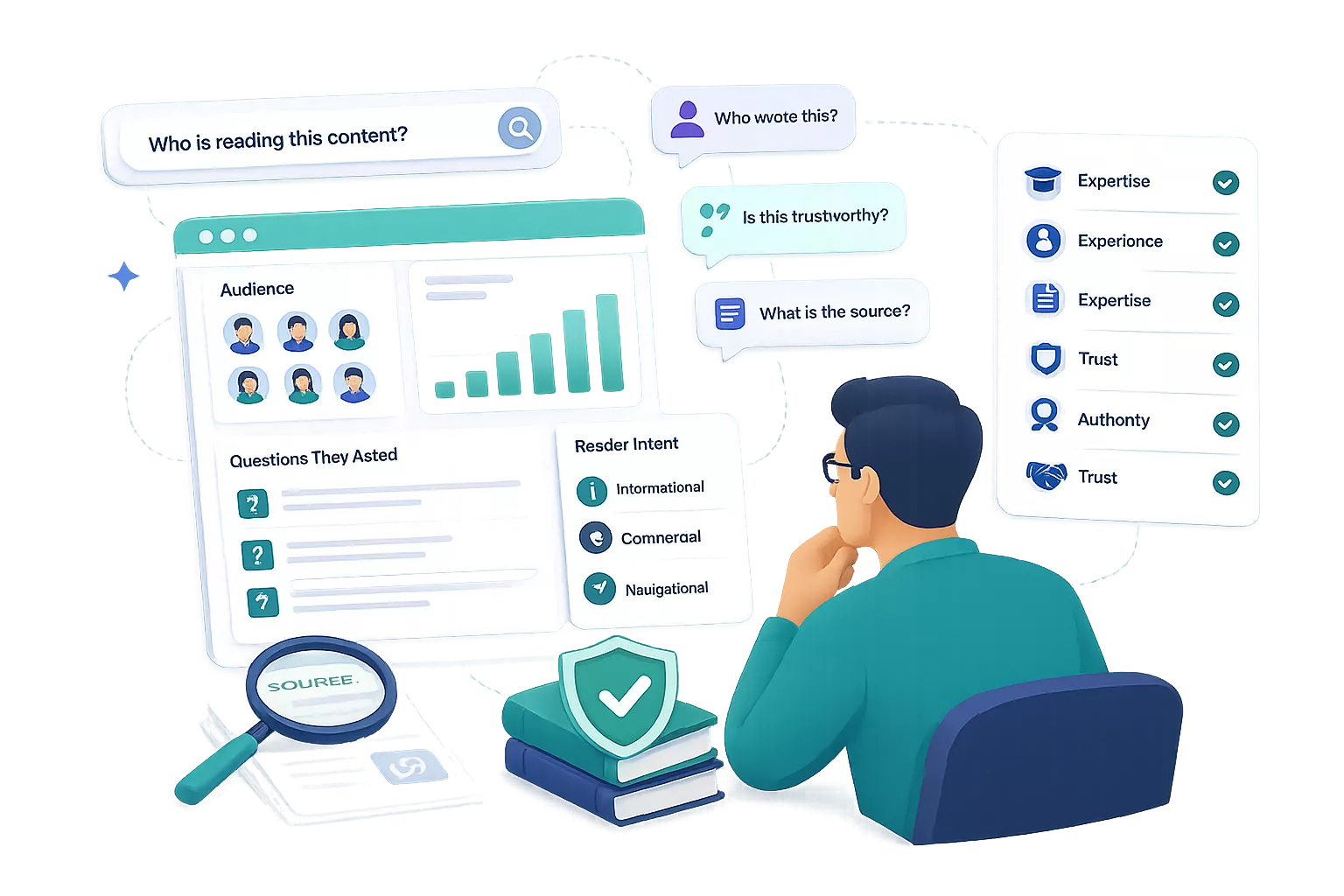 The audience behind a query, the questions they asked, and their reader intent — informational, commercial or navigational