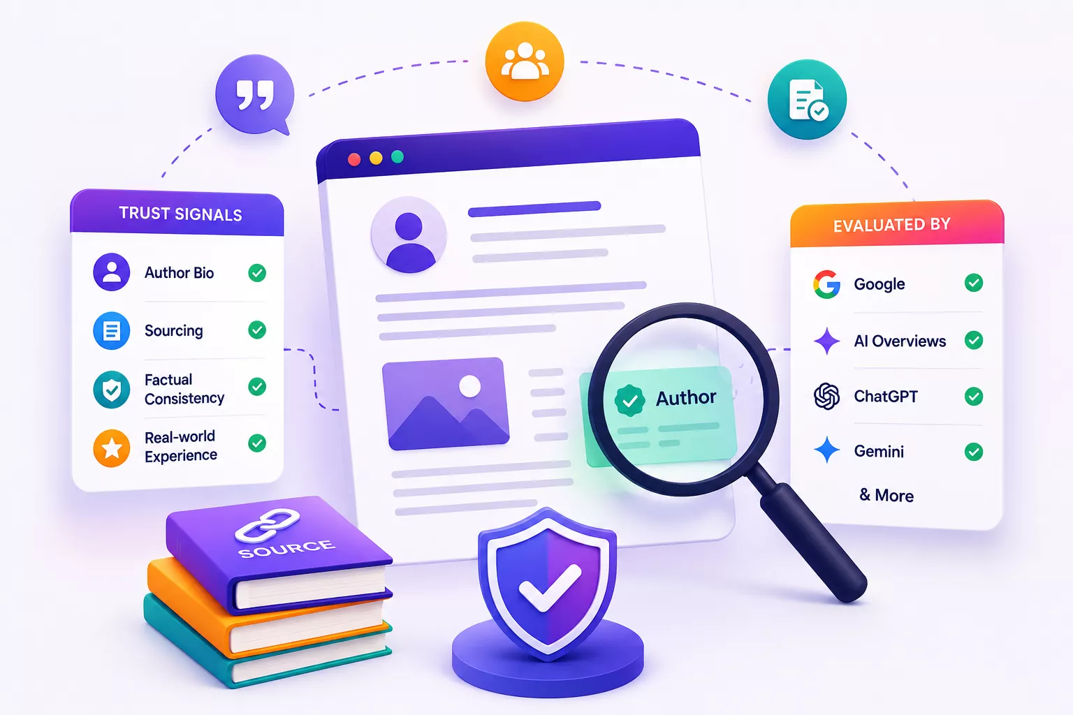 A published article with its author verified, the trust signals read from it — author bio, sourcing, factual consistency, real-world experience — and the engines evaluating them