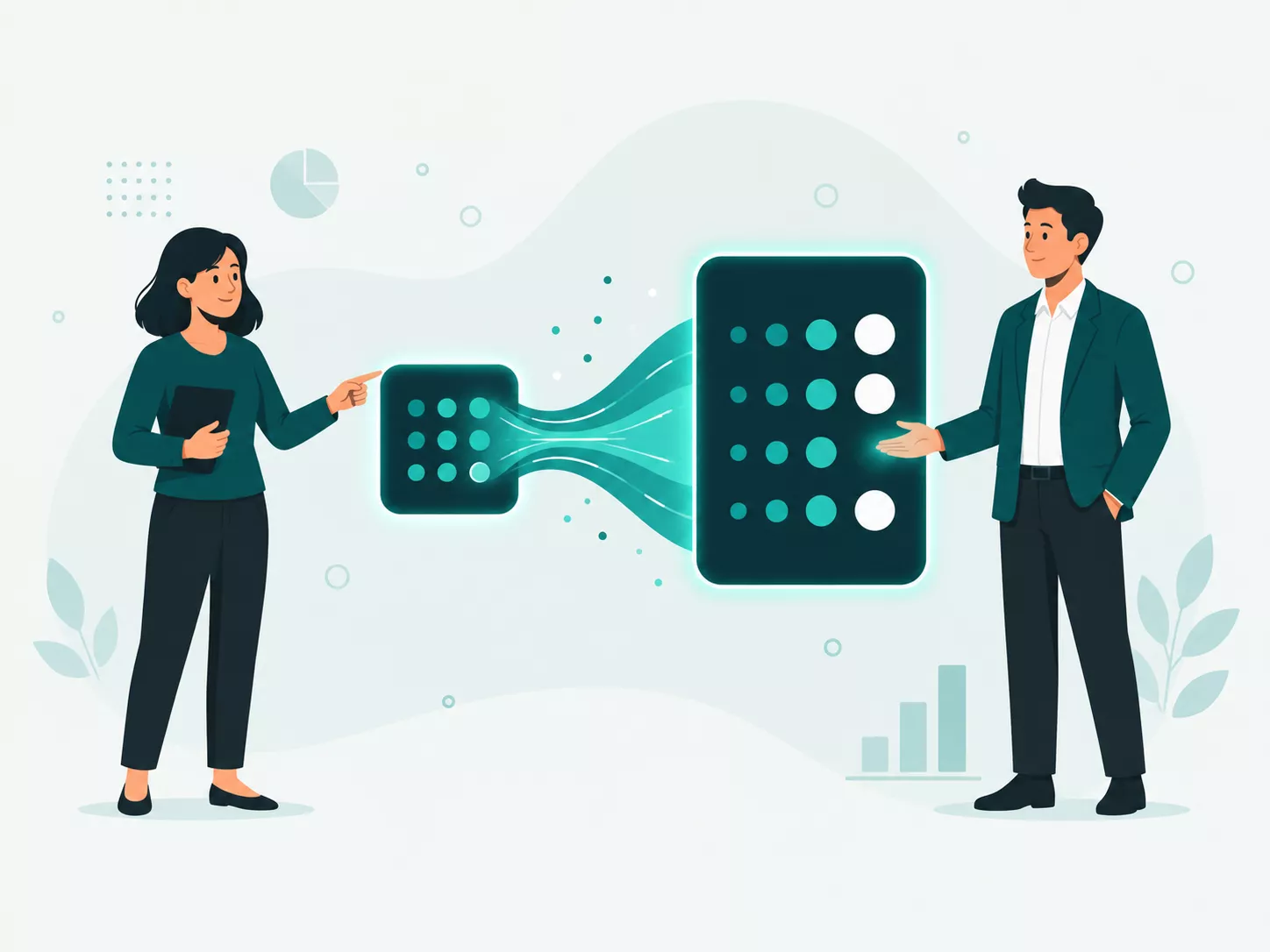 Data moving from one connected view into another, resolving into a single matched result